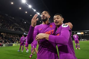 Matheus Cunha of Wolverhampton Wanderers celebrates scoring his team's third goal (Photo by Richard Heathcote/Getty Images)