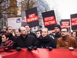 Yulia Navalnaya and other Russian opposition figures staging a protest in Berlin