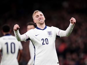 Jarrod Bowen celebrates scoring his first goal for England