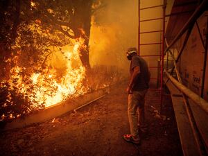 Will Adams watches as flames from the Palisades Fire close in on his property in the Pacific Palisades neighborhood of Los Angeles