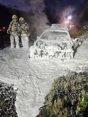 Crews found it difficult to extinguish the blaze with water so used foam. Picture: Ellesmere Fire Station