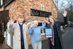 Sharon Shenton, centre, owner of Dale End Café in Coalbrookdale receives a High Street Heroes award from Councillor Ollie Vickers and Councillor Carolyn Healy