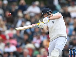 England’s Harry Brook bats during play on the third day of the first Test between England and New Zealand at Hagley Oval in Christchurch