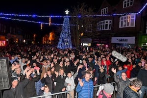 Hundreds watched Market Drayton Christmas Lights Switch on. They were switched on by Mayor: Roy Aldcroft, Elspeth Taylor (Overall art winner in the Mkt D Calendar Comp), Town Crier: Geoff Russell and the Gingerbread Man.