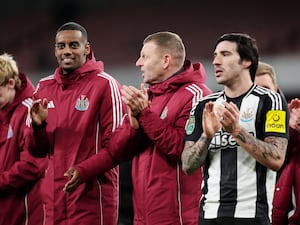 Newcastle's Alexander Isak (left) and Sandro Tonali (right) after the 2-0 Carabao Cup semi-final, first leg win at Arsenal