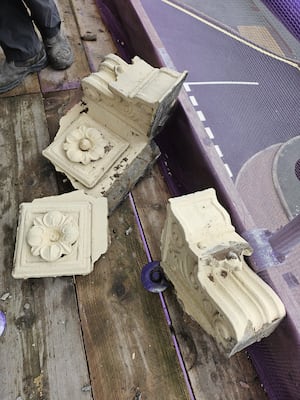 Falling corbels caught by the scaffolding. Photo: Shropshire Council