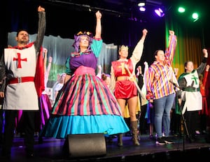 Gareth Jones as Dame Gertie Godiva with some of the Knights of the Round Table. 