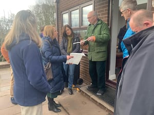 Helen Morgan MP talking to residents in Crickheath, near Oswestry, about plans to build pylons in north Shropshire. Picture: Office of Helen Morgan MP