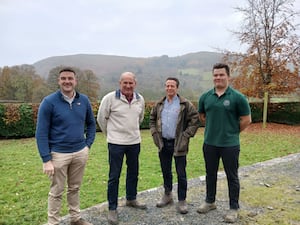 James Evans MS and Nigel Huddlestone MP at Glan Elan Farm with members of the farming family