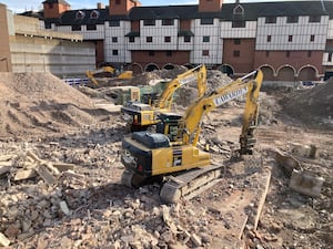 Demolition progress at the Riverside Shopping Centre side on Smithfield Road, Shrewsbury, on Monday, February 3, 2025.