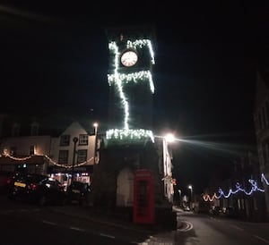 Christmas lights around Knighton’s clock tower.