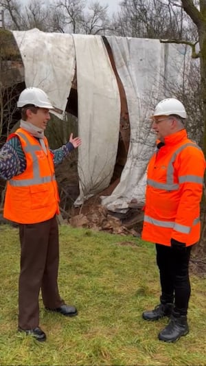 Famous trainspotter Francis Bourgeois talking to Jonathan ‘Gus’ Dunster at the landslip site. Picture: Gary Essex