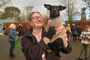 Susie Thompson and 'pig-in-blanket' Miley in a home made costume