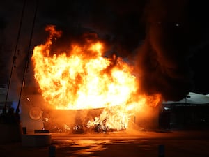 A fire at a merchandise kiosk outside the Etihad Stadium