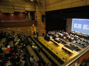 Jacqueline McParland (centre of top table), Senior Commissioner at The Planning and Water Appeals Commission at Strule Arts Centre in Omagh, during the public inquiry into the controversial planning application for the Dalradian Gold Mine project at Greencastle, County Tyrone