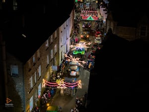 An overhead shot of the tractor run passing through Builth Wells town centre.