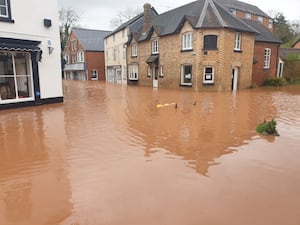 Tenbury Wells high street after it was flooded by Storm Bert