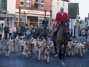 Huntsman Shaun Marles arrives at Kington’s Boxing Day hunt with the hounds.