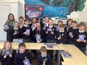 Jamie and teacher Maria Stennett with students from Year 5 (Photo credit: Coleham Primary School)