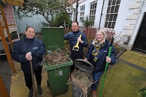 From left to right: Bellway Sales Advisor Susan Terry-Smith, Sales Manager Rachel Marner, and Assistant Site Manager Anthony Walker volunteered their time at The Hive in Shrewsbury to help spruce up the courtyard garden.