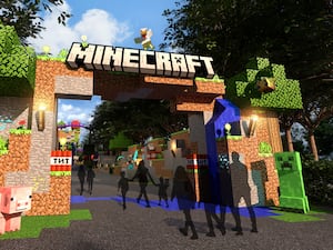 Concept images showing the entrance to the Minecraft-themed park