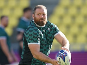 Wales’ Henry Thomas during the team run at the Stade de la Beaujoire in Nantes