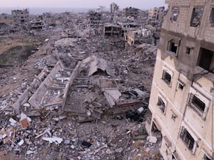 Buildings that were destroyed by the Israeli air and ground offensive are seen at the Tel al-Hawa neighbourhood in Gaza Strip