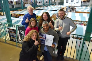 Shrewsbury Market Hall is going for three in a row. From left to right: (Back row) Market traders David Tunks, Jo Bloodworth, Darren Tomkins, (middle) Karen Duffy, Charika Manning and (front) Libby Gliksman urge market shoppers to vote for ‘Shrewsbury Indoor Market’ in the Britain’s Favourite Market national poll.