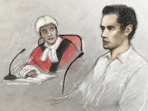 A court artist drawing of Daniel Khalife and judge in court