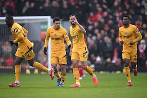 Matheus Cunha of Wolverhampton Wanderers celebrates scoring his team's first goal (Photo by Stu Forster/Getty Images)