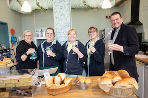 he Sweet Little Things Bakery & Tea Room team Kerry Brownhill, Sue Price, Leanne Humphries, Karen Heath with Councillor Paul Watling at the opening