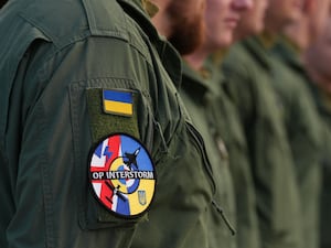 A shoulder patch of a Ukrainian pilot trained by Operation Interstorm in the UK