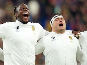 England's Maro Itoje (left) and Jamie George sing the national anthem ahead of the 2023 Rugby World Cup semi-final