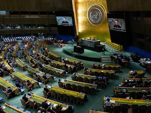 Ukraine’s Volodymyr Zelensky addressing the United Nations General Assembly