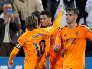 Jude Bellingham celebrates with his Real Madrid team-mates after scoring