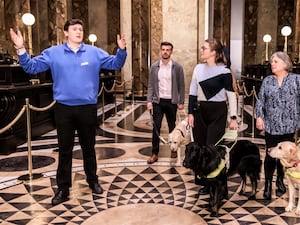 Guide dog owners Penny and Skie interact with Tactile Tours at Warner Bros. Studio Tour London (Warner Bros Studio Tour London and Guide Dogs/Ollie Dixon)