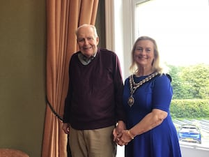 Derek last year with current Llandrindod Wells Mayor Councillor Marcia Morgan after recording his memories of World War 2 and D-Day.