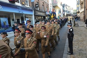 Military representatives march down Pride Hill and onto Shoplatch at a previous Shrewsbury Remembrance Sunday parade