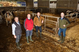 Pictured at Gelli Aur Farm are John Owen, Lafan Lead Consultant, centre, with, from left, the team from Coleg Sir Gar, John Griffiths, Head of Research and Development, Neil Nicholas, Research Coordinator, and Huw Davies, Farm Manager.