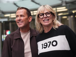 Scott Mills and Zoe Ball outside Wogan House