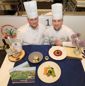 Calum Smith with his commis chef Sion Hughes and his final dishes. Pictur: Phil Blagg Photography