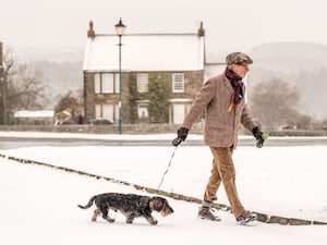 A man walks his dog in fresh snow in the village of Goathland, North York Moors National Park