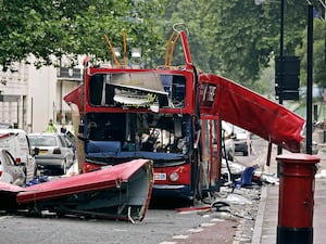 A bus destroyed by a bomb