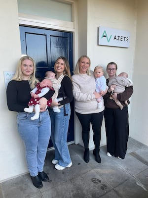 L-R: Holly George with baby Charlotte, Tasha Barker with baby Lily, Sarah Clarke with baby Maeve and Holly Williams with baby Jaxon