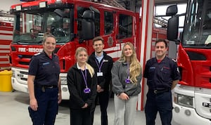 Anna Morris-Jones and Matt Angell (left and right) with Shropshire Chamber trio Chloe Symms, Alex Brown, and Ella Preece at the new-look Telford town centre fire station