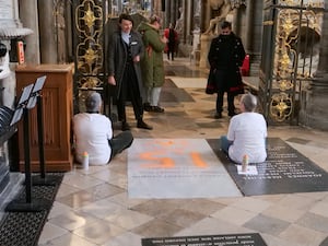 The grave of Charles Darwin, in the north aisle of the nave of Westminster Abbey (Just Stop Oil)