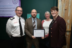 Photo caption

 

Adam Booth, Jo Gilbert and Clare Davies of the Powys Ukrainian Resettlement Team are pictured with the Equalities, Inclusion and Cohesion Award that the team won at the 2024 Safer Communities Awards. They were presented with the award by Roger Thomas, Mid and West Wales Fire and Rescue Service’s Chief Fire Officer and Senior Responsible Officer with Wales Safer Communities. Photo by Ian Cooper/Ian Cooper Photography. 