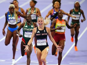 Great Britain’s Keely Hodgkinson celebrates winning the Women’s 800m Final at the Stade de France on the tenth day of the 2024 Paris Olympic Games in France