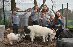 Pics in Market Drayton at Longlands Primary School where they are delighted. Head: Lisa Millington is pictured with Andrei Arsenie, Mia Freail, Alfie Davies, Lucas Matthews and Ella Lawton. With the school goats (big one is Leo and the small one if pictured is Sheila).