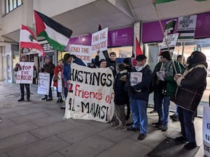 Protesters gathered outside the Hastings Borough Council office buildings